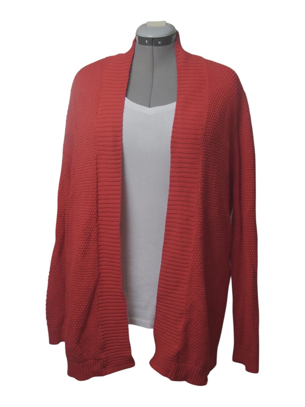 Studio Works Woman Red Open Front Cardigan 2X Cotton Longline Textured Knit